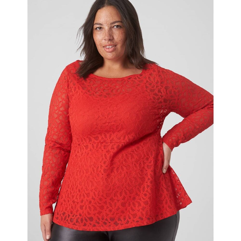 Lane Bryant Classic Long Sleeve Boat Neck Lace Red Peplum Top Size 14 1X Plus